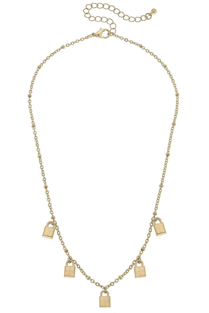 Mason Padlock Charm Station Necklace in Worn Gold - Canvas Style