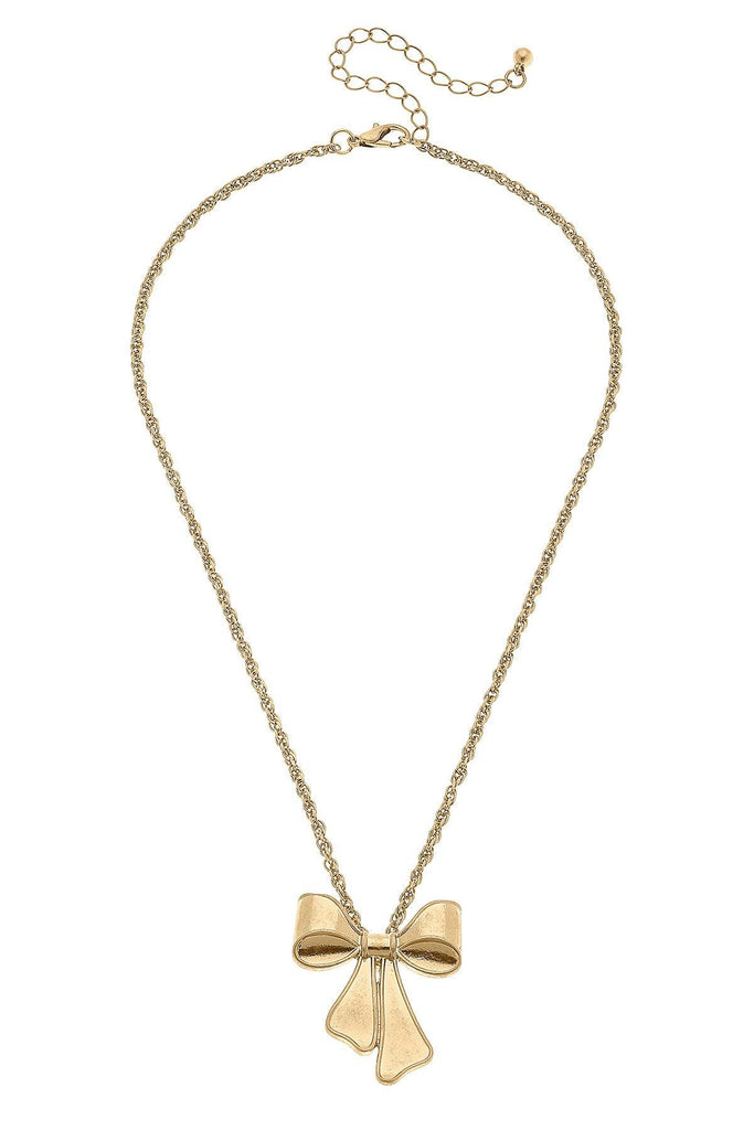 Maxwell Bow Pendant Necklace in Worn Gold - Canvas Style