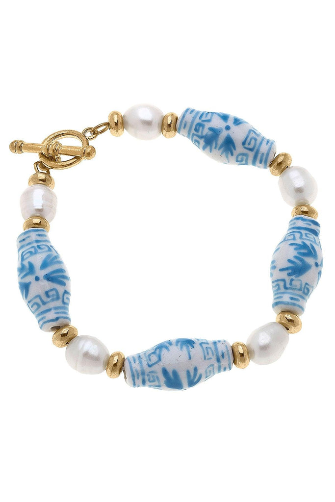 Melanie Porcelain & Freshwater Pearl T-Bar Bracelet in Wedgwood Blue - Canvas Style
