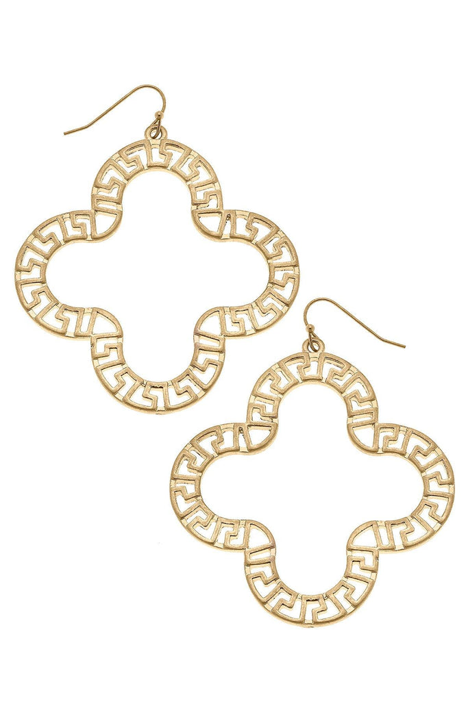 Melissa Greek Keys Clover Statement Earrings in Worn Gold - Canvas Style