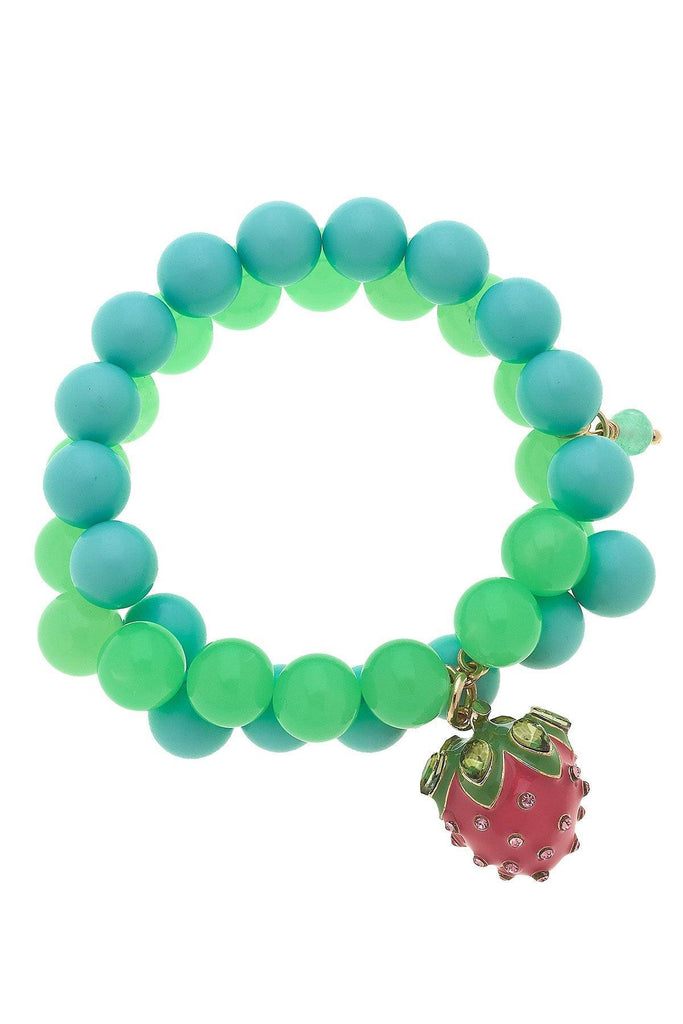 Melody Strawberry Beaded Children's Bracelet in Green & Aqua - Canvas Style