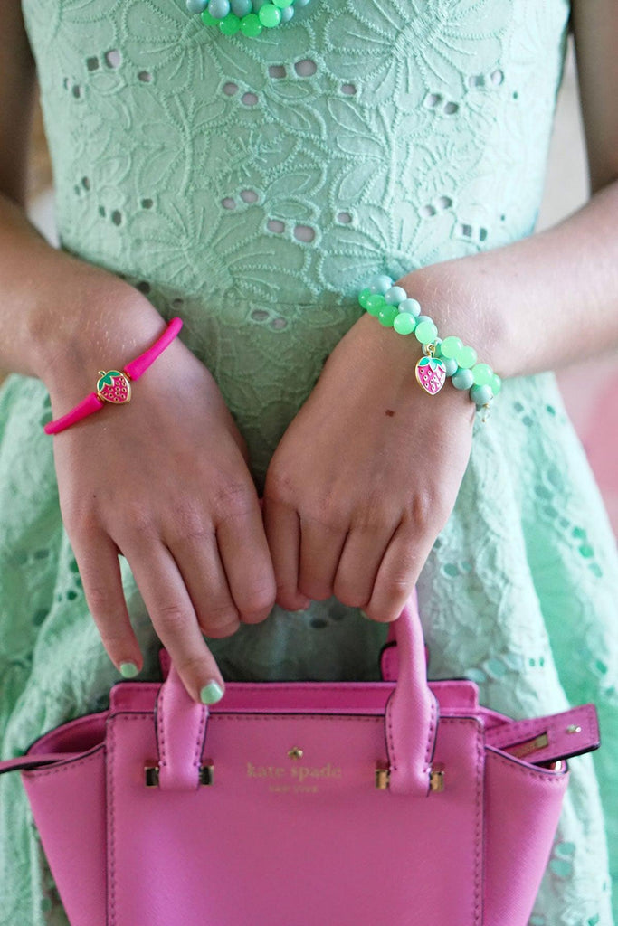 Melody Strawberry Beaded Children's Bracelet in Green & Aqua - Canvas Style