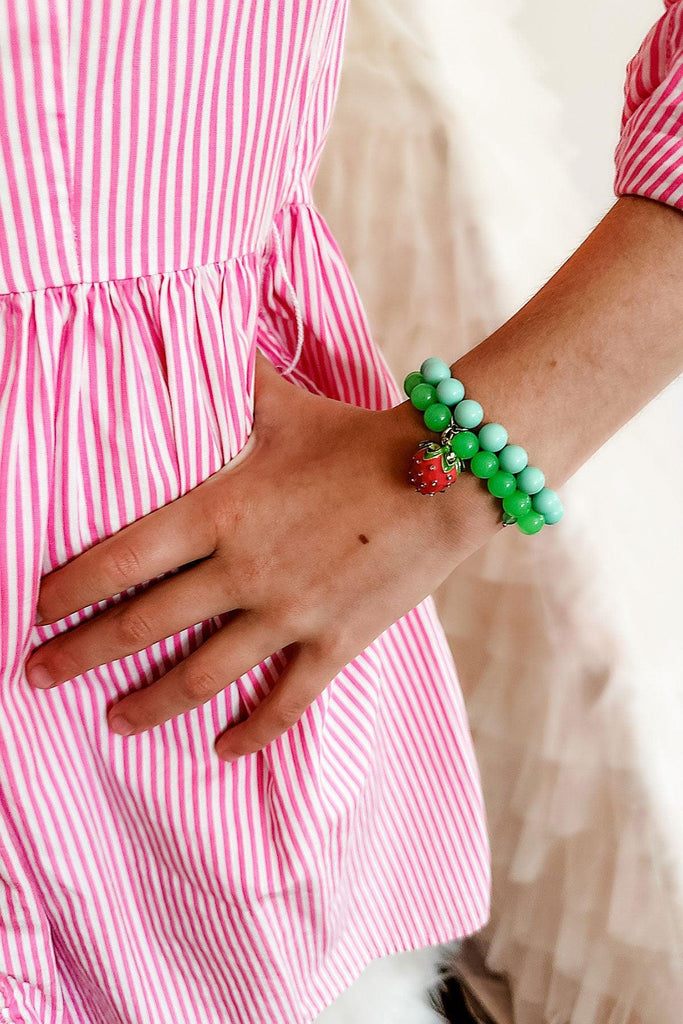 Melody Strawberry Beaded Children's Bracelet in Green & Aqua - Canvas Style