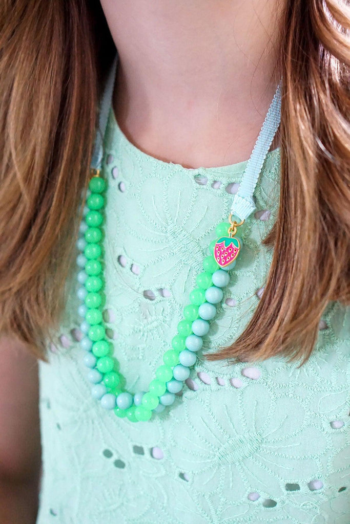 Melody Strawberry Charm Beaded Ribbon Children's Necklace in Green & Aqua - Canvas Style