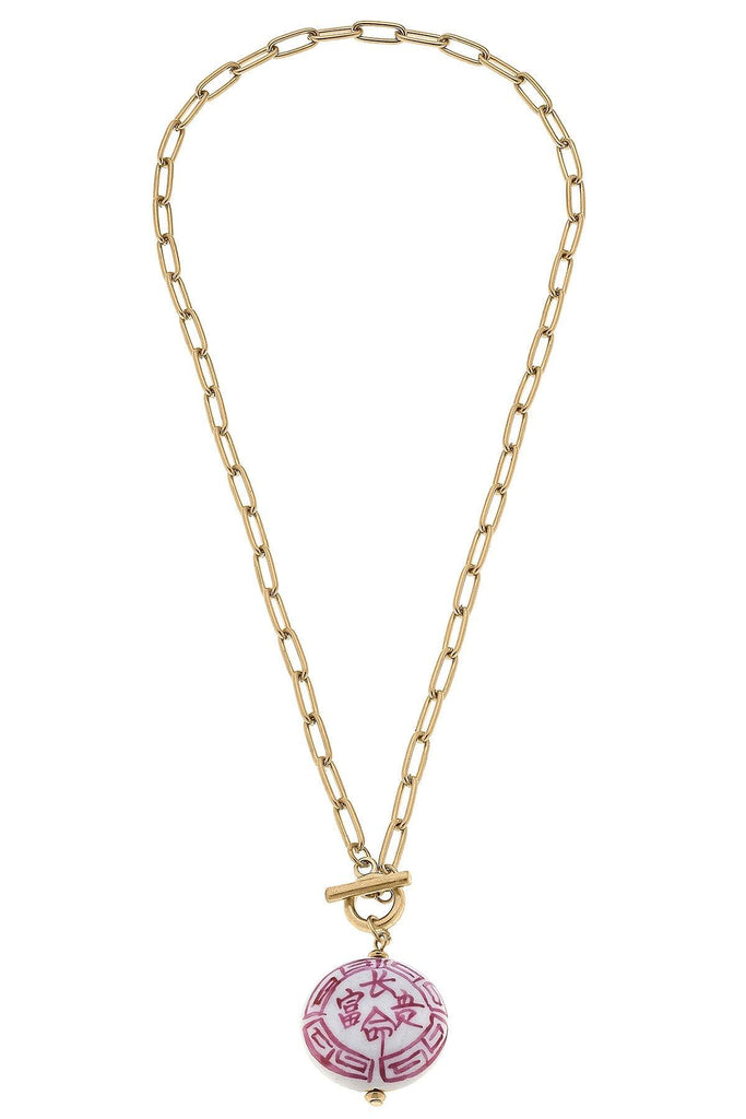 Meredith Chinoiserie T-Bar Necklace in Pink & White - Canvas Style
