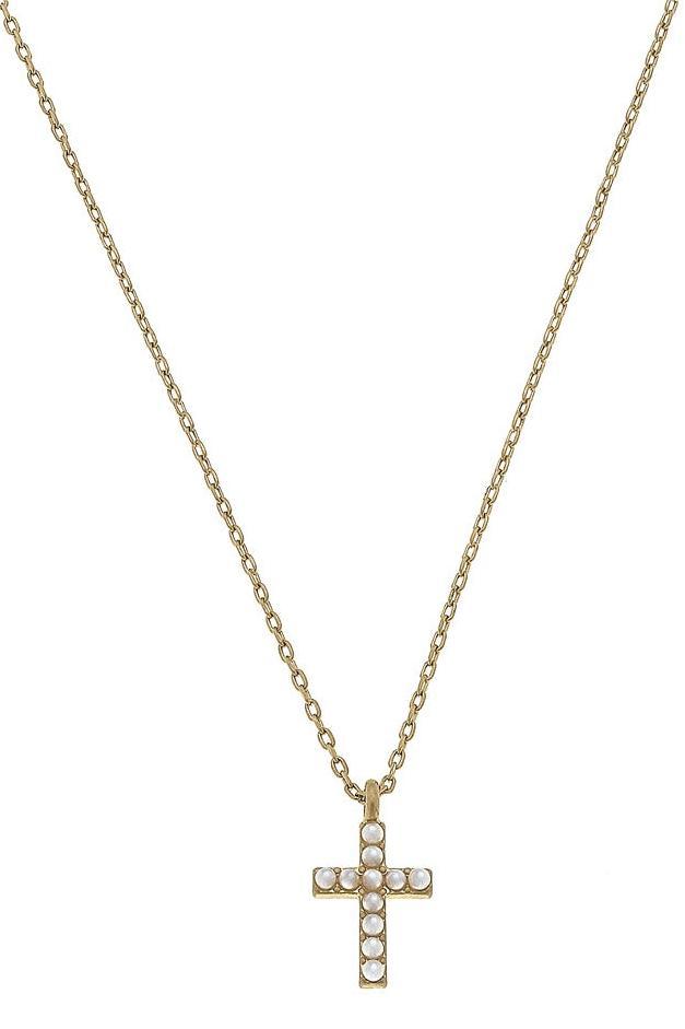 Meryl Pearl Studded Cross Pendant Necklace in Worn Gold - Canvas Style