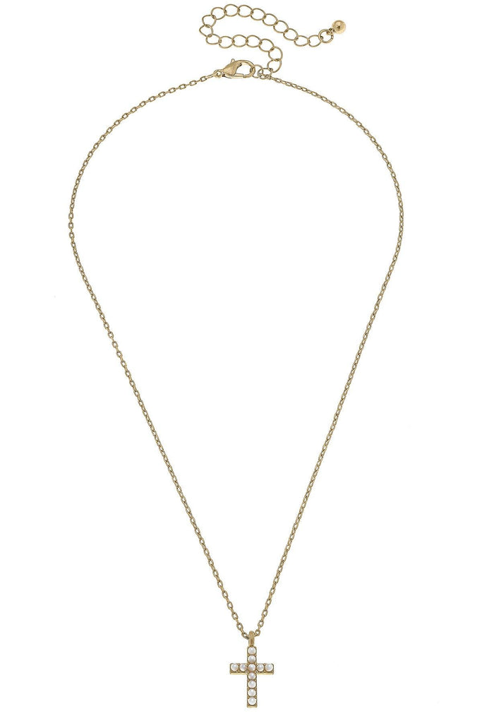 Meryl Pearl Studded Cross Pendant Necklace in Worn Gold - Canvas Style