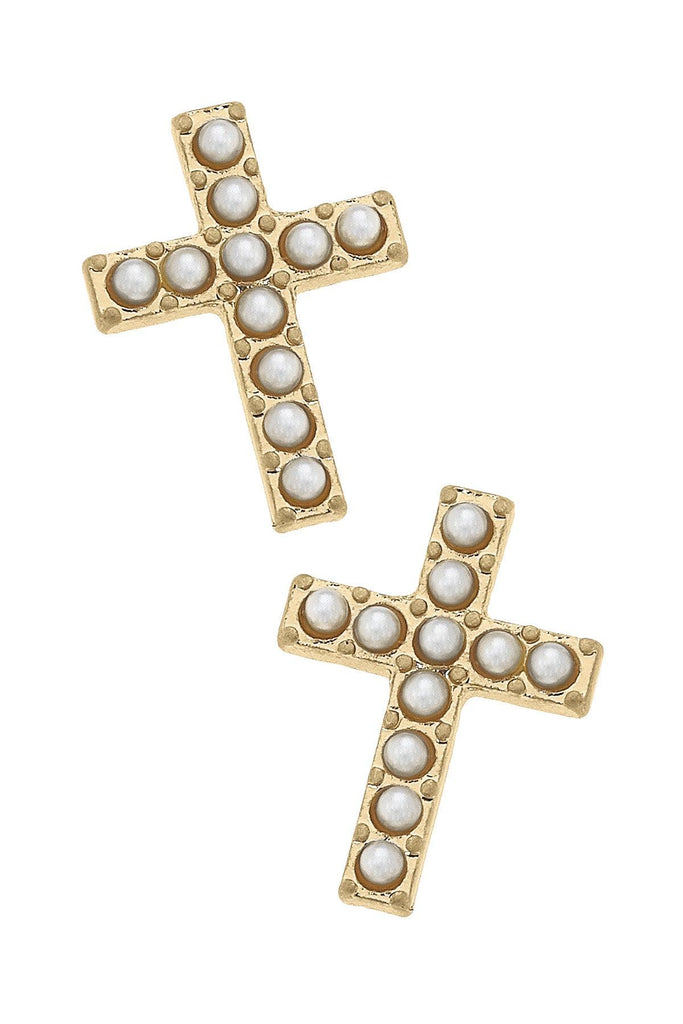 Meryl Pearl Studded Cross Stud Earrings in Ivory - Canvas Style