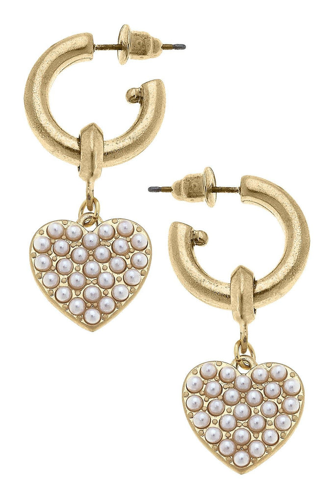 Meryl Pearl Studded Heart Drop Hoop Earrings in Worn Gold - Canvas Style