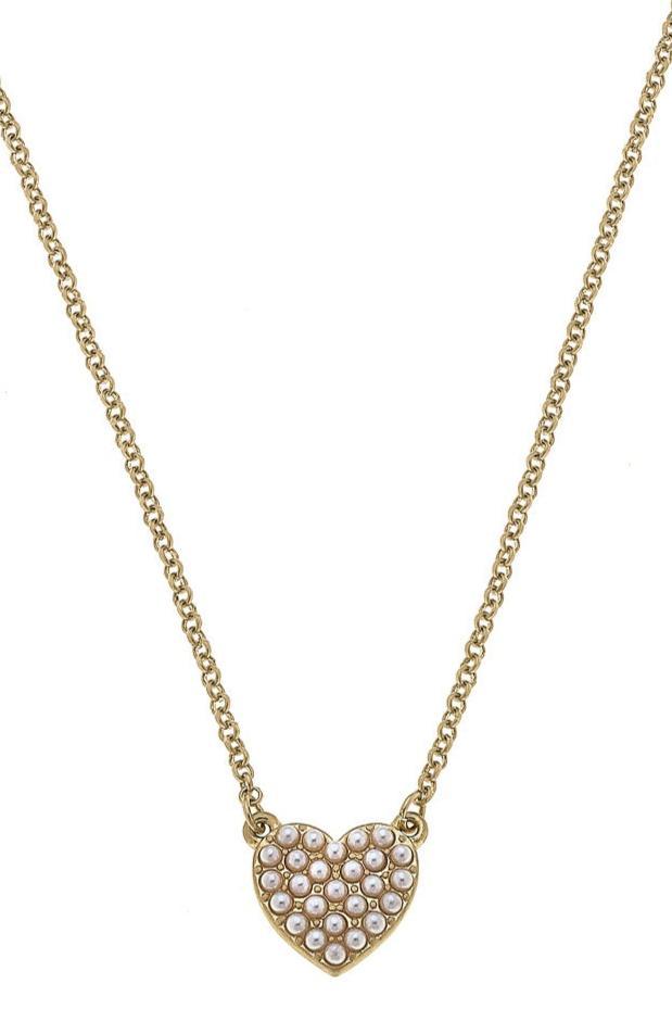 Meryl Pearl Studded Heart Pendant Necklace in Worn Gold - Canvas Style