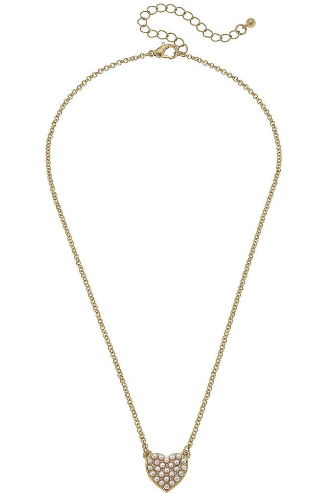 Meryl Pearl Studded Heart Pendant Necklace in Worn Gold - Canvas Style