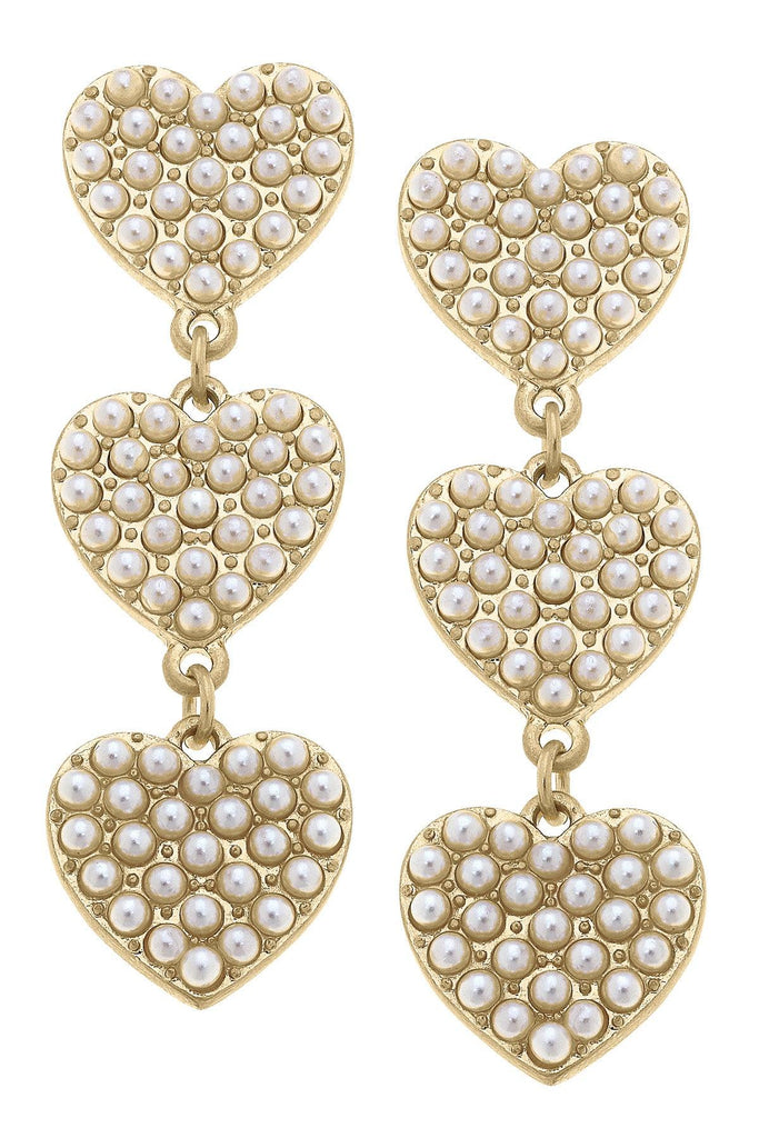 Meryl Triple Drop Pearl Studded Hearts Earrings in Ivory - Canvas Style