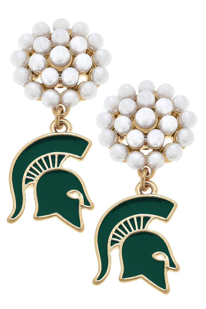Michigan State Spartans Pearl Cluster Enamel Drop Earrings - Canvas Style