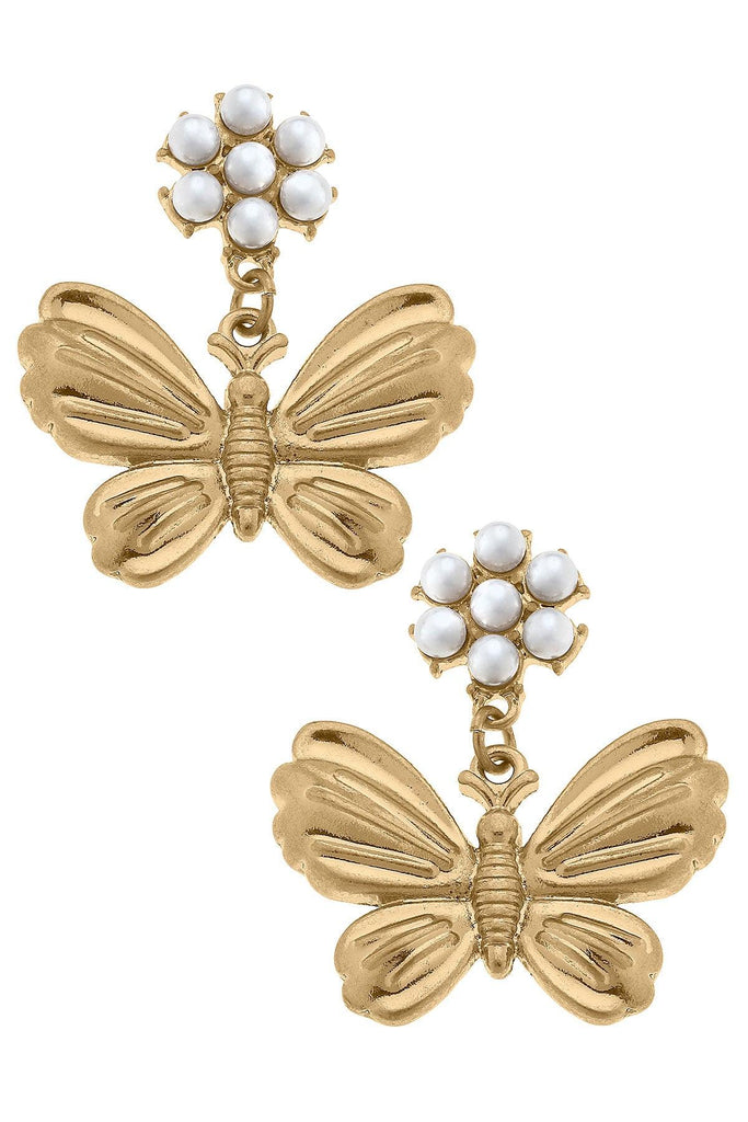 Millie Butterfly Pearl Cluster Drop Earrings in Worn Gold - Canvas Style