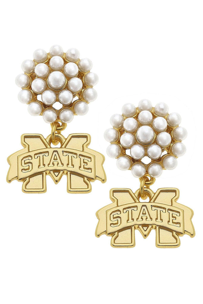 Mississippi State Bulldogs Pearl Cluster 24K Gold Plated Logo Earrings - Canvas Style