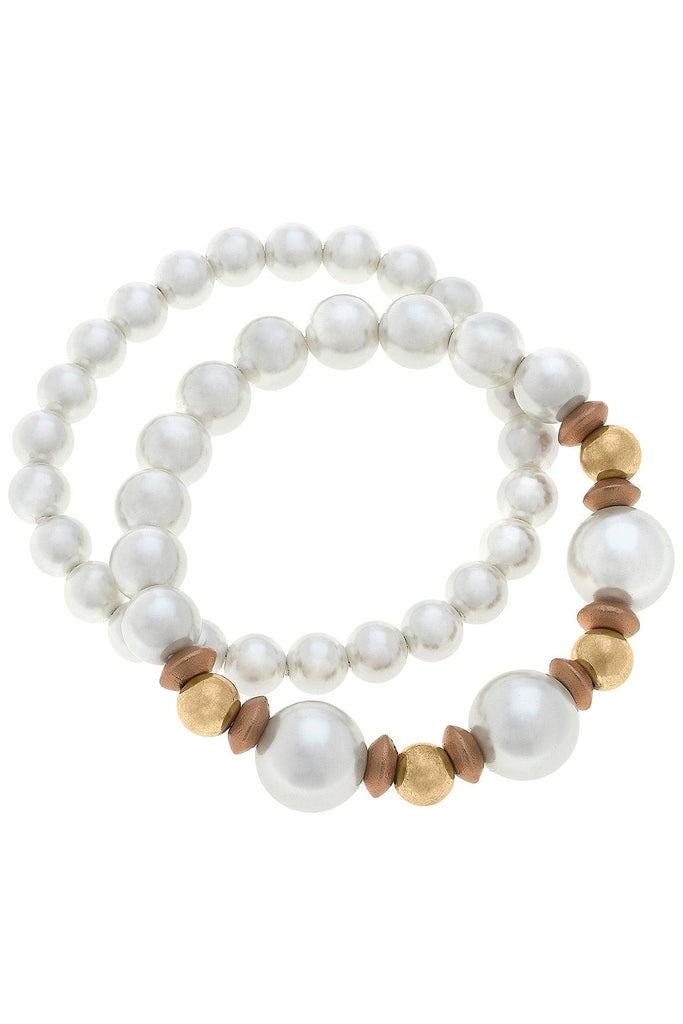 Moira Pearl, Wood & Gold Bead Stretch Bracelet Stack in Ivory - Set of 2 - Canvas Style