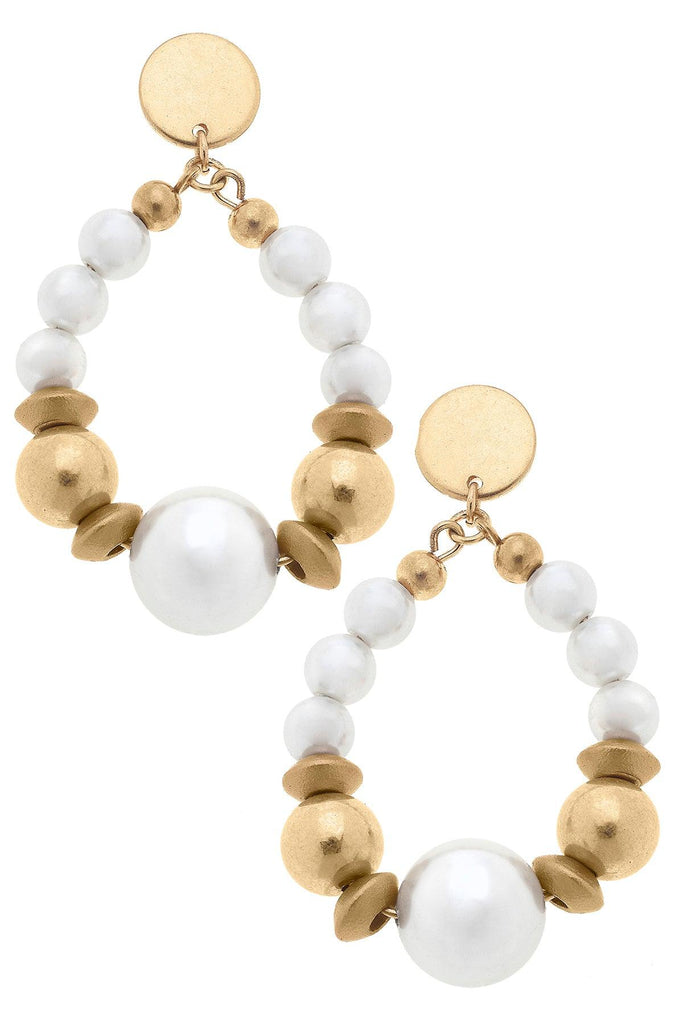 Moira Pearl, Wood & Gold Bead Teardrop Earrings in Ivory - Canvas Style