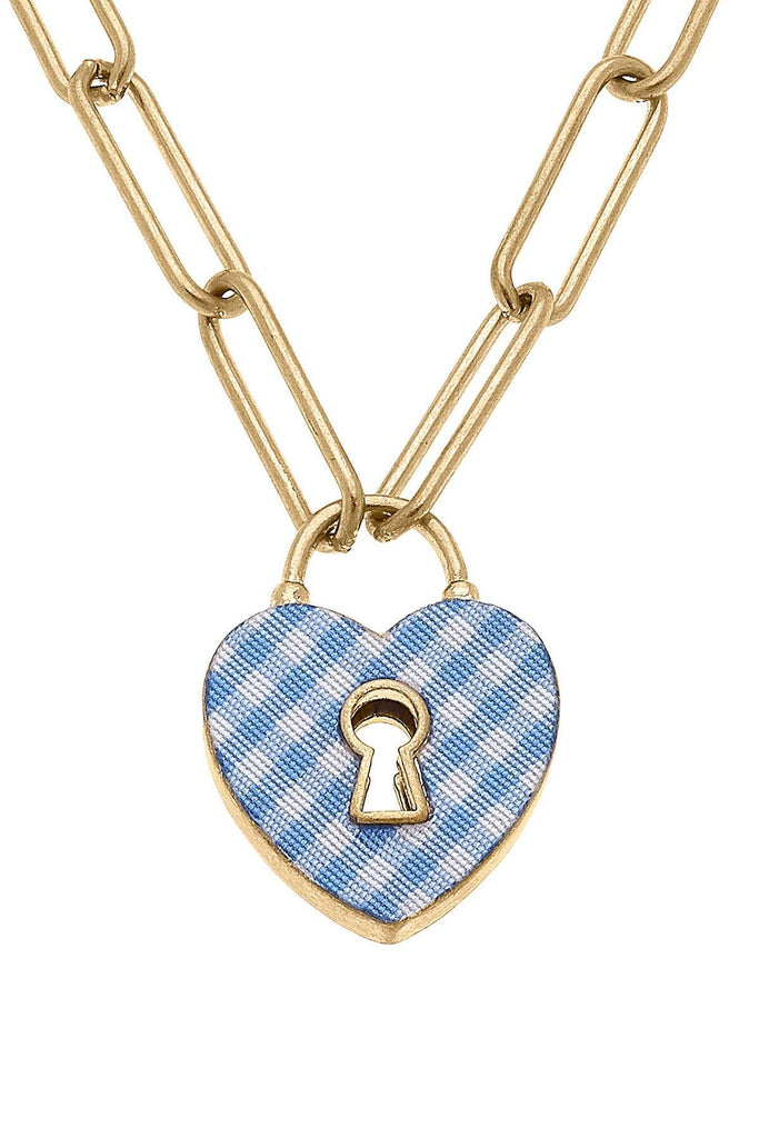 Monclér Gingham Heart Padlock Necklace in Blue - Canvas Style