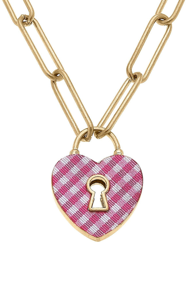 Monclér Gingham Heart Padlock Necklace in Fuchsia - Canvas Style