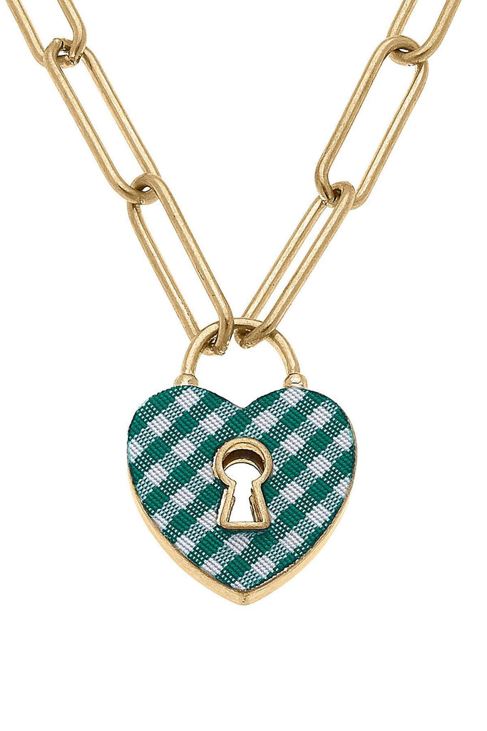 Monclér Gingham Heart Padlock Necklace in Green - Canvas Style