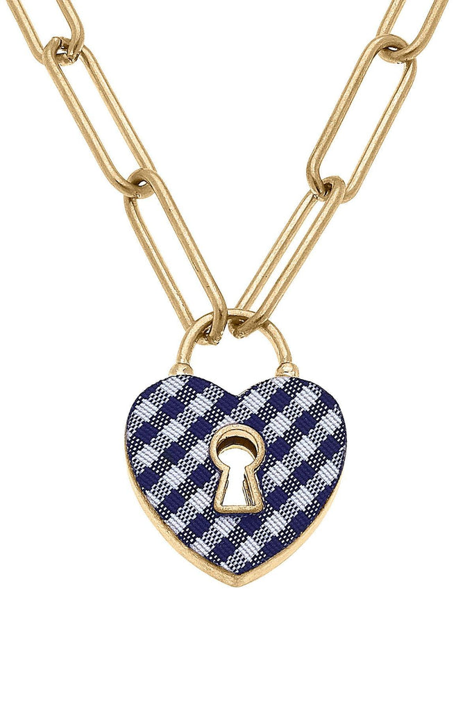 Monclér Gingham Heart Padlock Necklace in Navy - Canvas Style