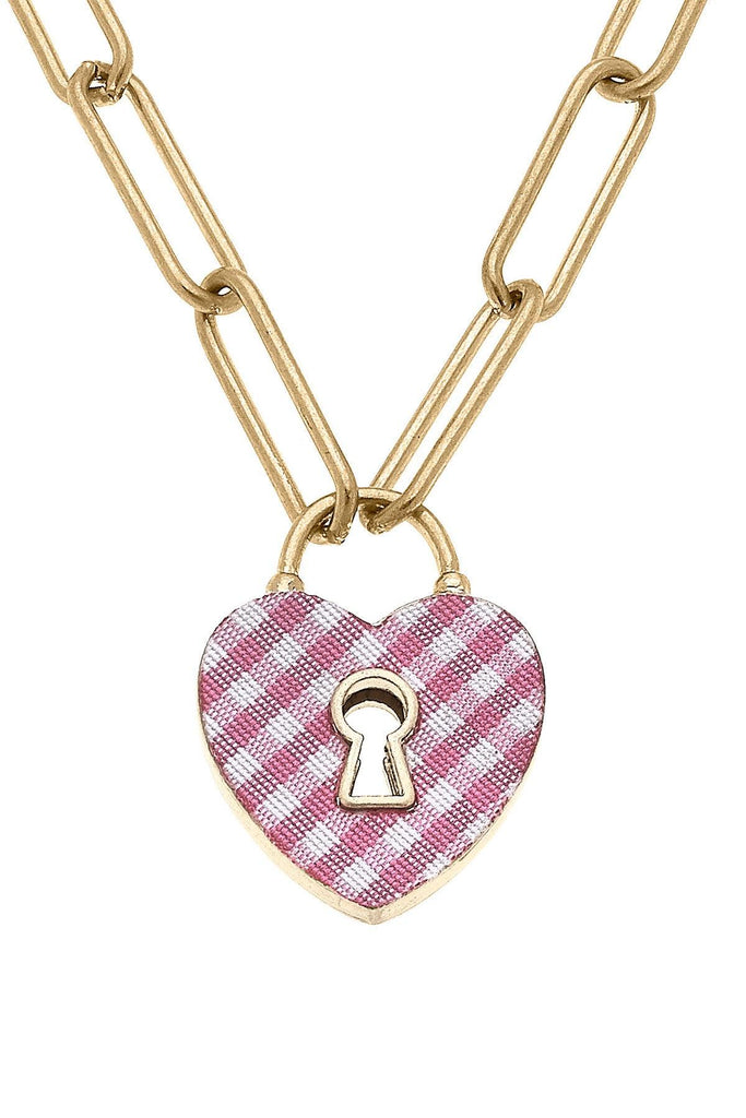Monclér Gingham Heart Padlock Necklace in Pink - Canvas Style