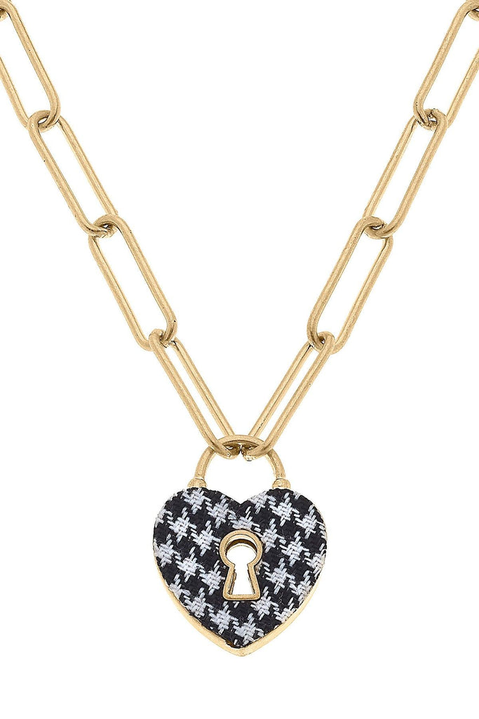 Monclér Houndstooth Heart Padlock Necklace in Black & White - Canvas Style