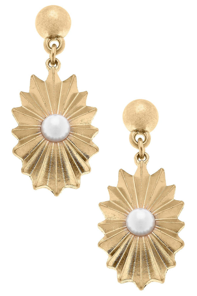 Monique Sunburst Rosette & Pearl Drop Earrings in Worn Gold - Canvas Style