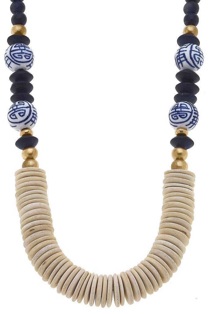 Monroe Blue & White Chinoiserie & Painted Wood Necklace in Navy - Canvas Style