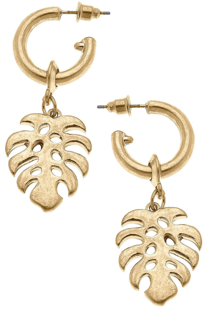 Monstera Leaf Drop Hoop Earrings in Worn Gold - Canvas Style