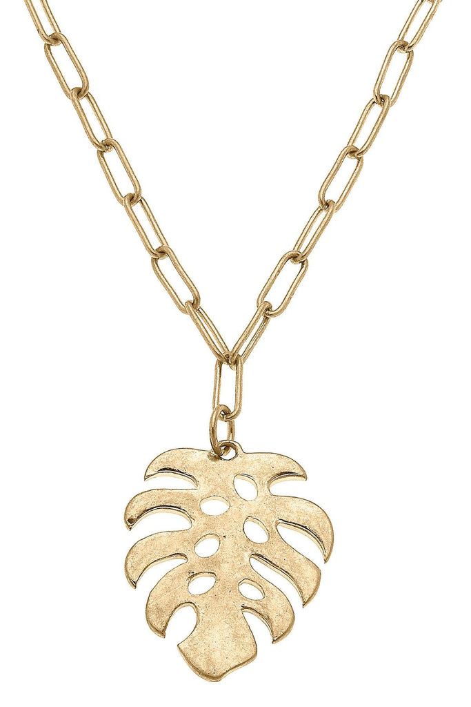 Monstera Leaf Pendant Necklace in Worn Gold - Canvas Style