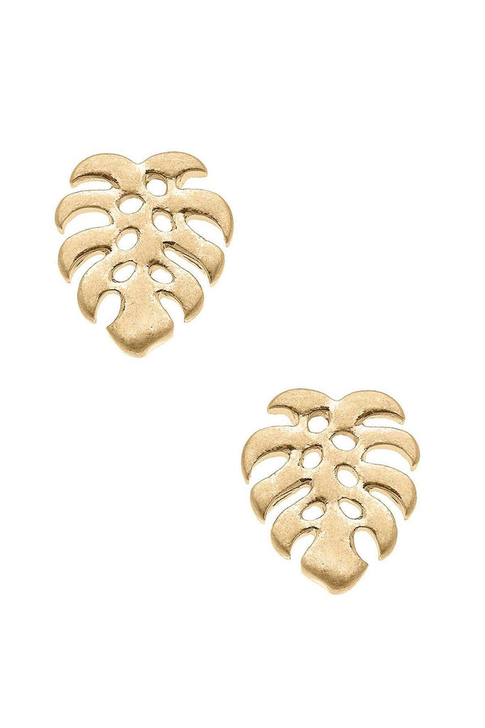 Monstera Leaf Stud Earrings in Worn Gold - Canvas Style