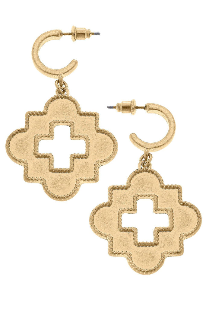 Moriah Quatrefoil Cross Drop Hoop Earrings in Worn Gold - Canvas Style