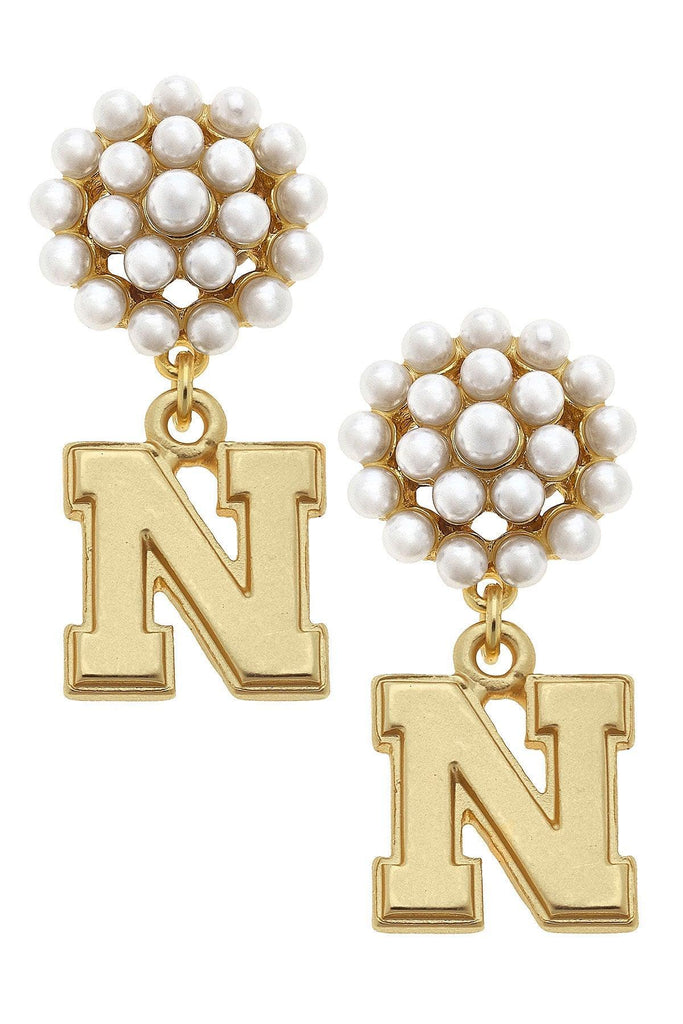 Nebraska Cornhuskers Pearl Cluster 24K Gold Plated Logo Earrings - Canvas Style