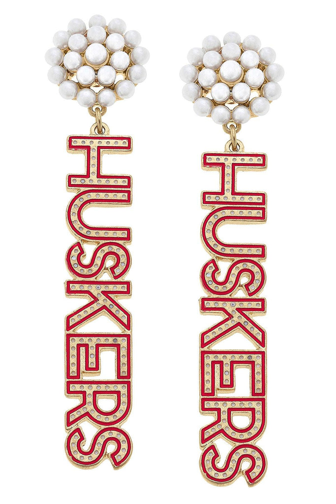 Nebraska Cornhuskers Pearl Cluster Dotted Enamel Drop Earrings - Canvas Style