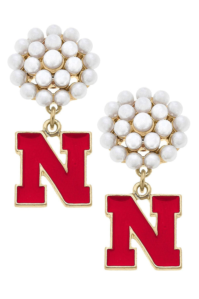 Nebraska Cornhuskers Pearl Cluster Enamel Drop Earrings - Canvas Style