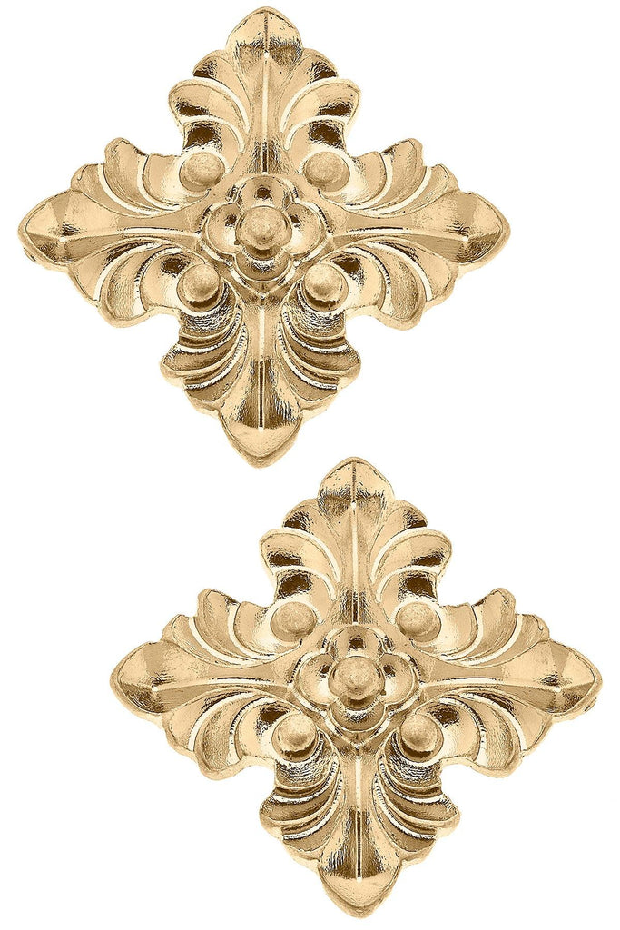Nicola Acanthus Cross Stud Earrings in Worn Gold - Canvas Style