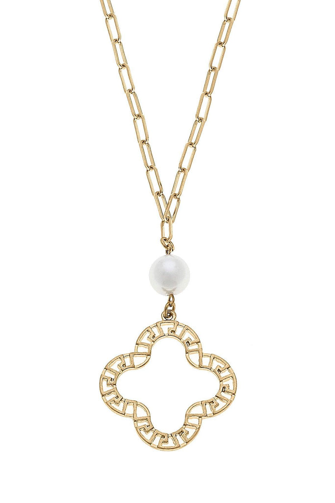 Nicole Pearl & Greek Keys Clover Pendant Necklace in Worn Gold - Canvas Style