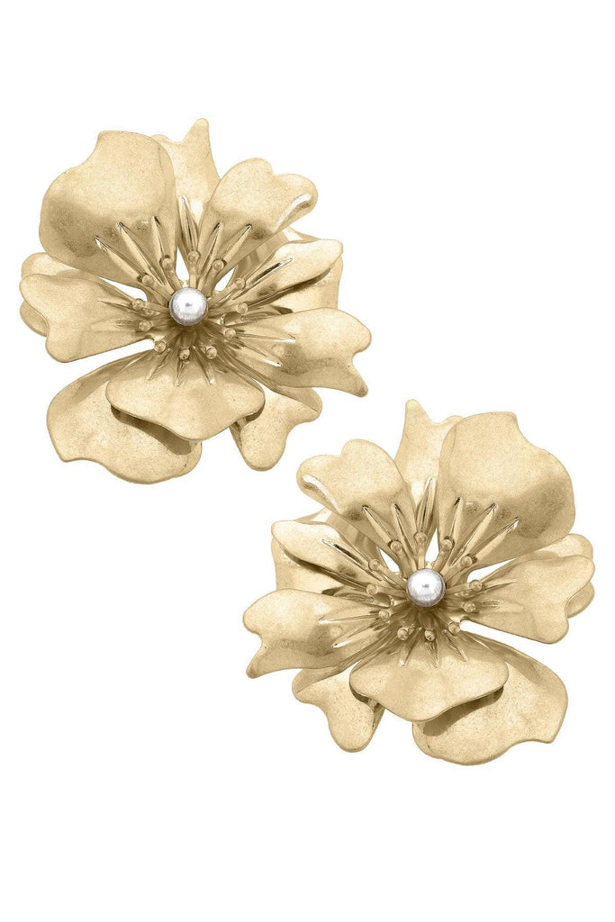 Nicole Pearl Flower Statement Earrings in Worn Gold - Canvas Style