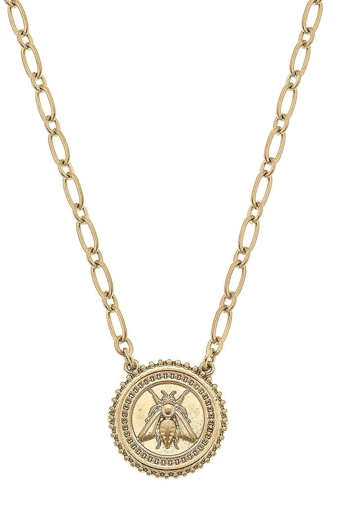 Nicolette Bee Medallion Pendant Necklace in Worn Gold - Canvas Style