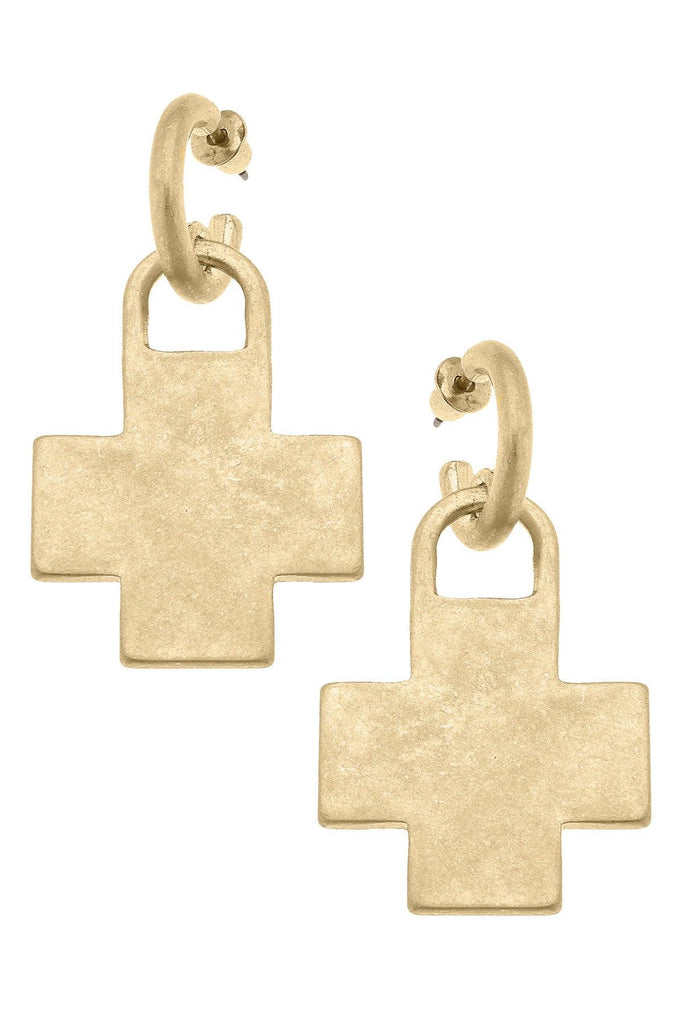 Nina Locked Cross Drop Hoop Earrings in Worn Gold - Canvas Style