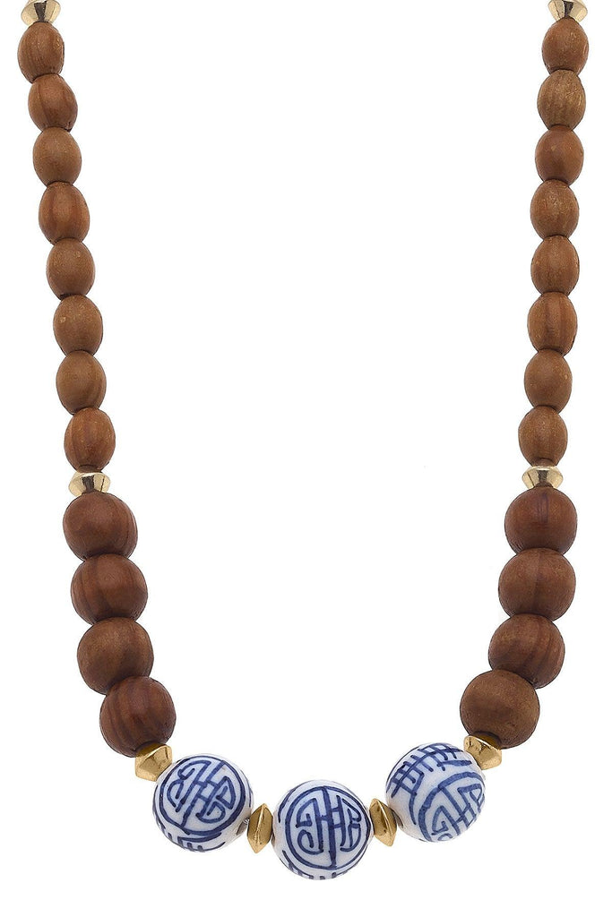 Oakley Blue & White Chinoiserie & Wood Necklace in Brown - Canvas Style