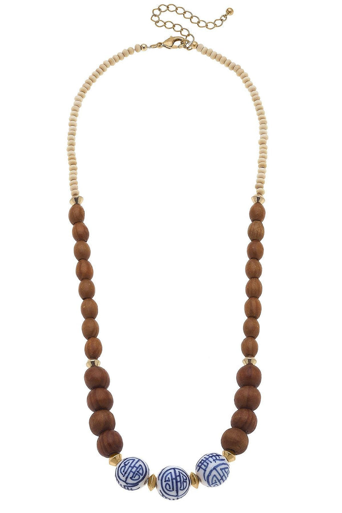 Oakley Blue & White Chinoiserie & Wood Necklace in Brown - Canvas Style