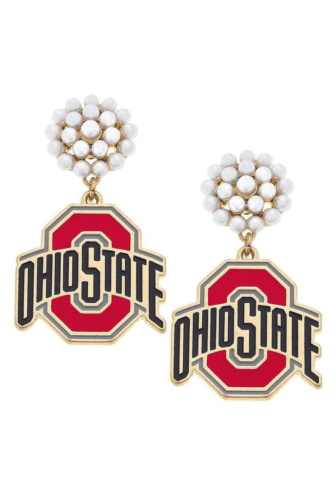 Ohio State Buckeyes Pearl Cluster Enamel Drop Earrings in Scarlet - Canvas Style