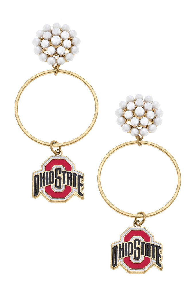 Ohio State Buckeyes Pearl Cluster Enamel Hoop Earrings in Scarlet - FINAL SALE - Canvas Style