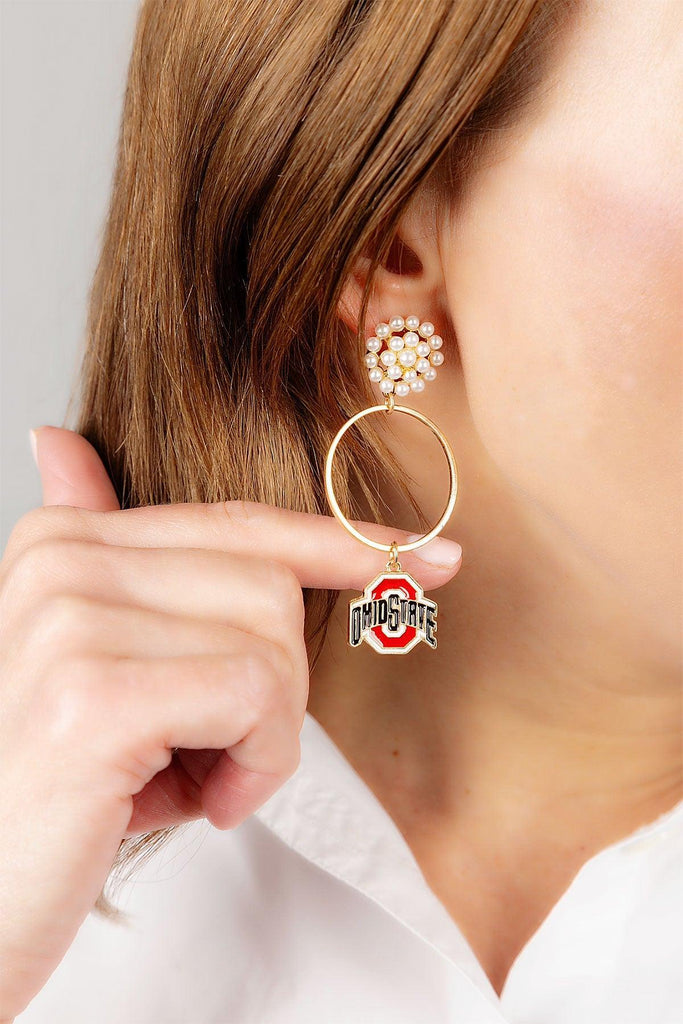 Ohio State Buckeyes Pearl Cluster Enamel Hoop Earrings in Scarlet - FINAL SALE - Canvas Style