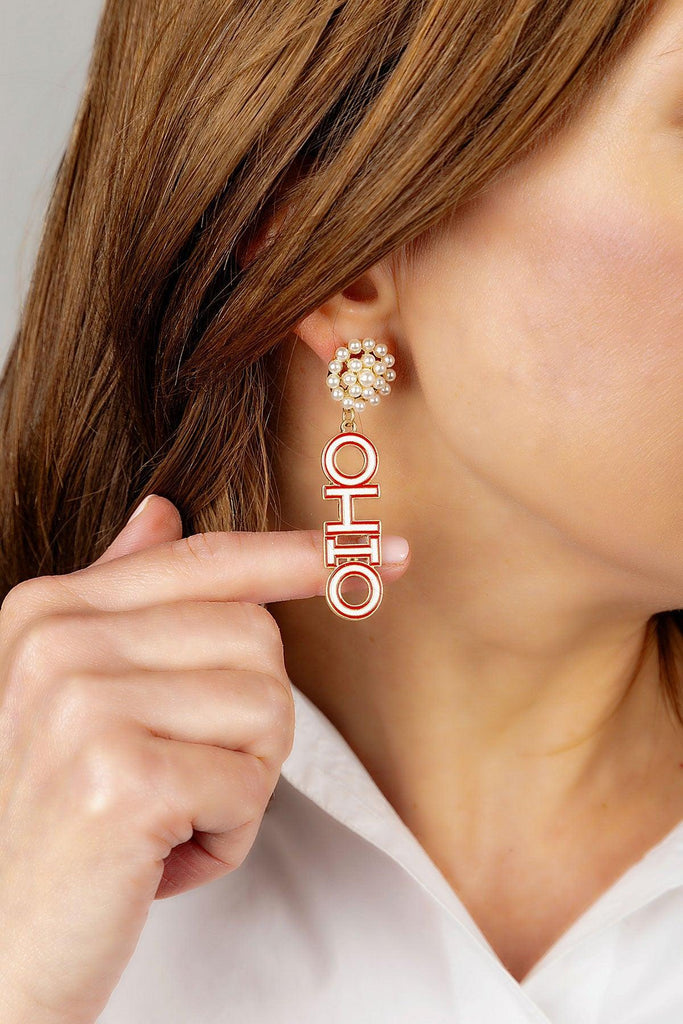 Ohio State Buckeyes Pearl Cluster Outline Enamel Drop Earrings - Canvas Style