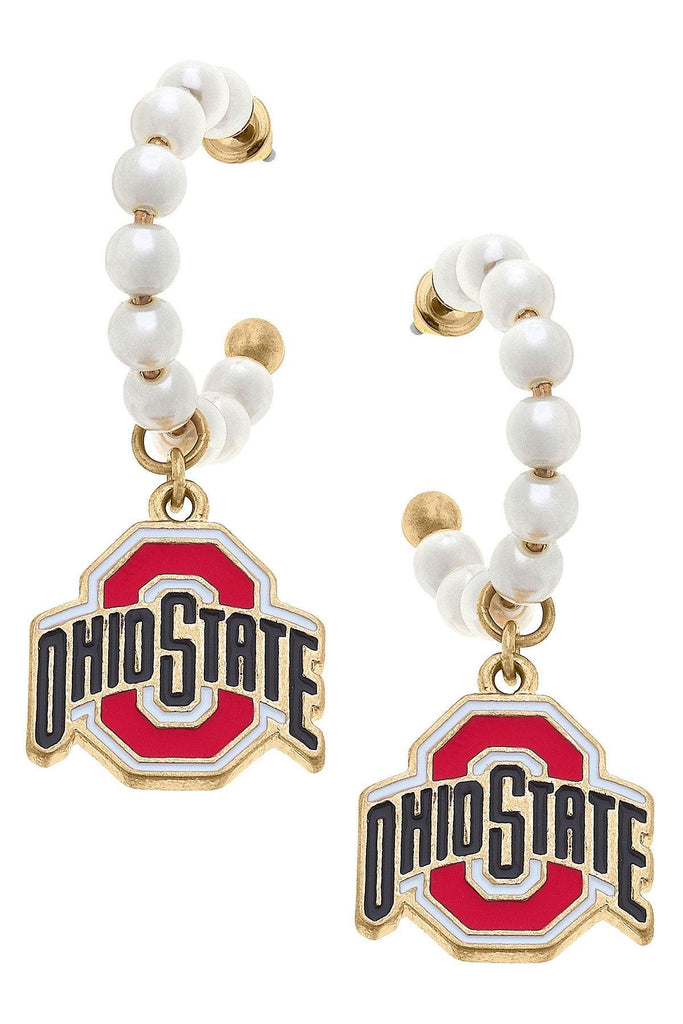 Ohio State Buckeyes Pearl Hoop Enamel Drop Earrings in Scarlet - Canvas Style