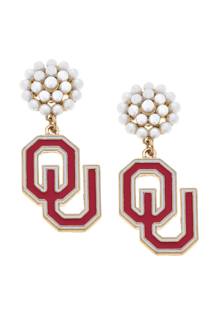 Oklahoma Sooners Pearl Cluster Enamel Drop Earrings - Canvas Style
