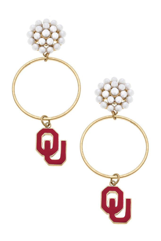Oklahoma Sooners Pearl Cluster Enamel Hoop Earrings - Canvas Style